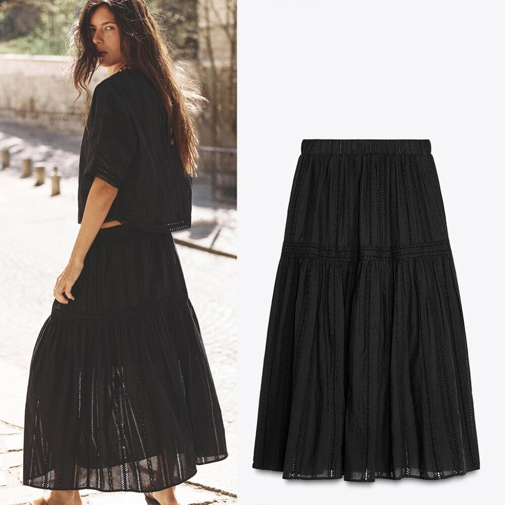 NEW ZARA embroidered eyelet black midi skirt 4387 size L